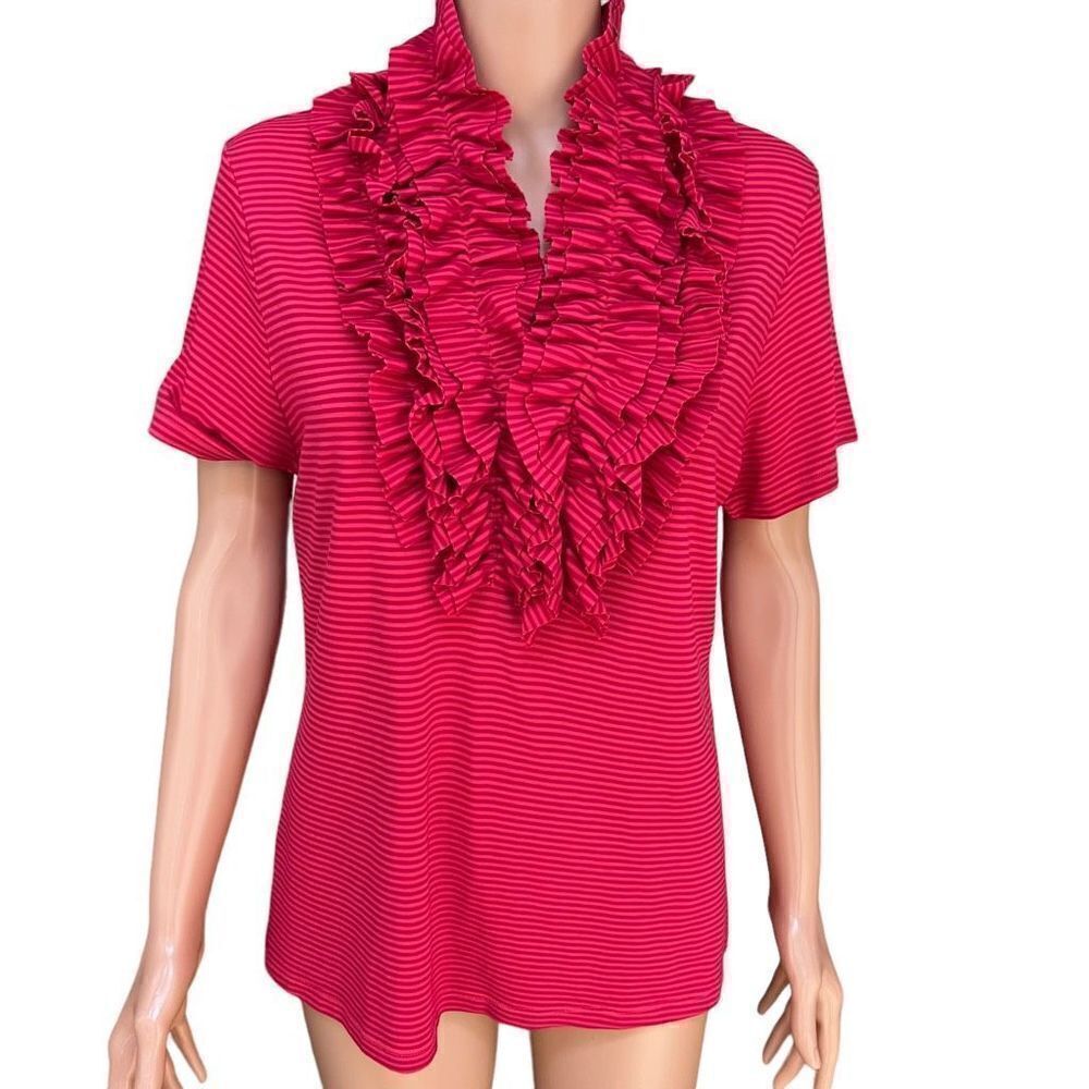 Soft Surroundings Shirt Top blouse Women Size L pink Stripe Ruffle Stretch - Picture 1 of 6